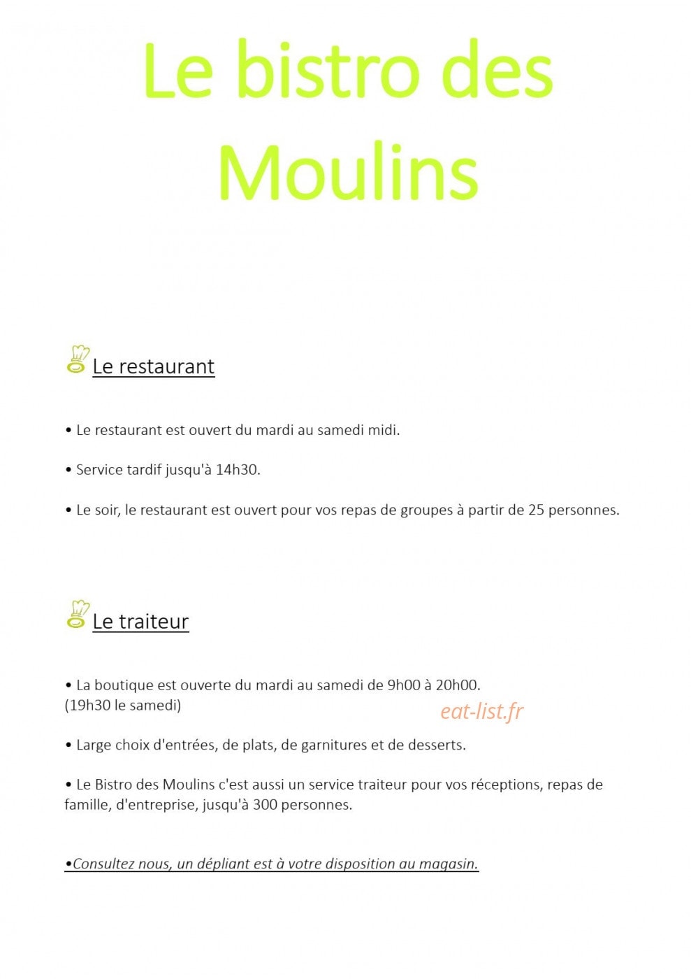 Carte et menu de Le bistro des moulins à Plouvien — Les informations