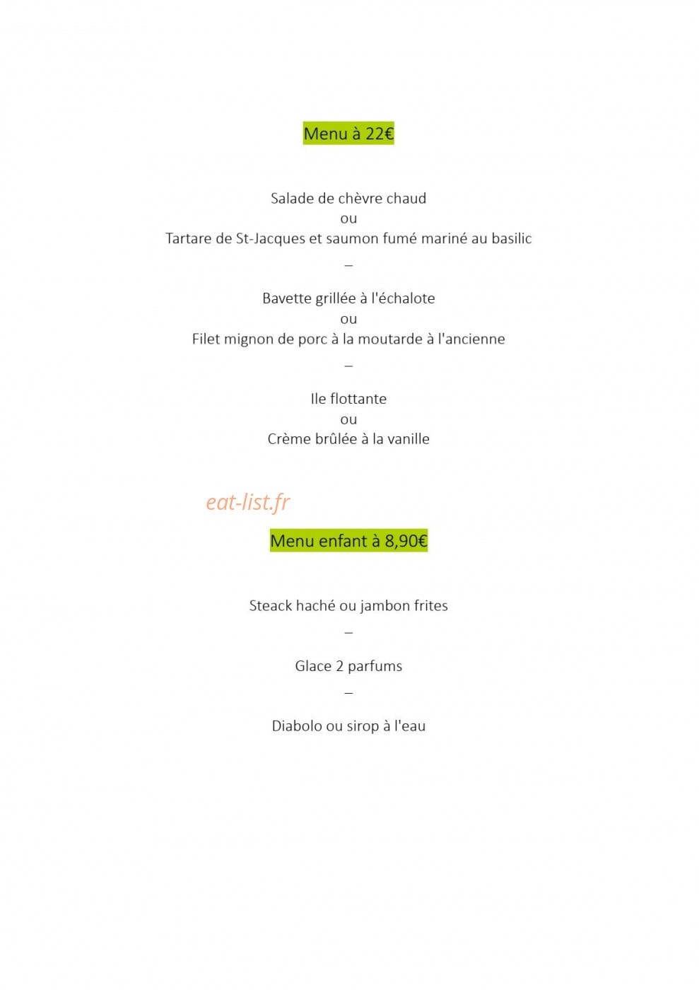 Carte et menu de Le bistro des moulins à Plouvien — Le menu à 22€ et menu enfant