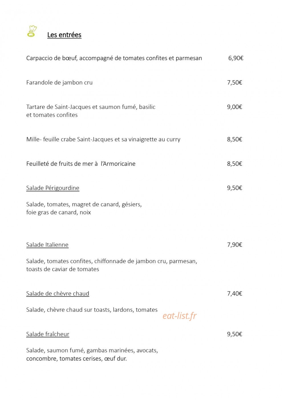 Carte et menu de Le bistro des moulins à Plouvien — Les entrées