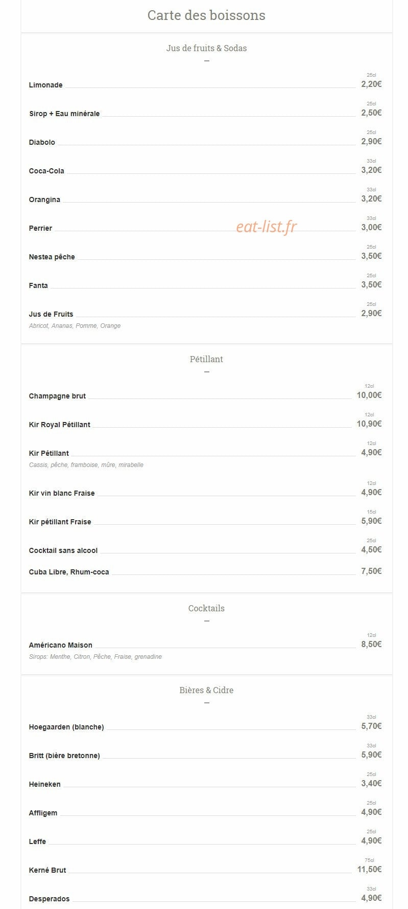 Carte et menu de Le Carré Saint Michel à Plouguerneau — Boissons