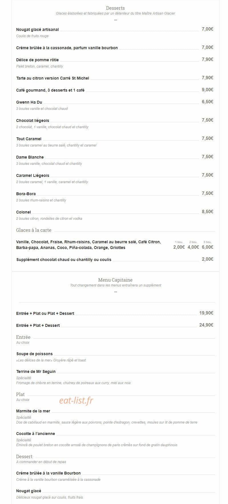 Carte et menu de Le Carré Saint Michel à Plouguerneau — Desserts et menu capitaine