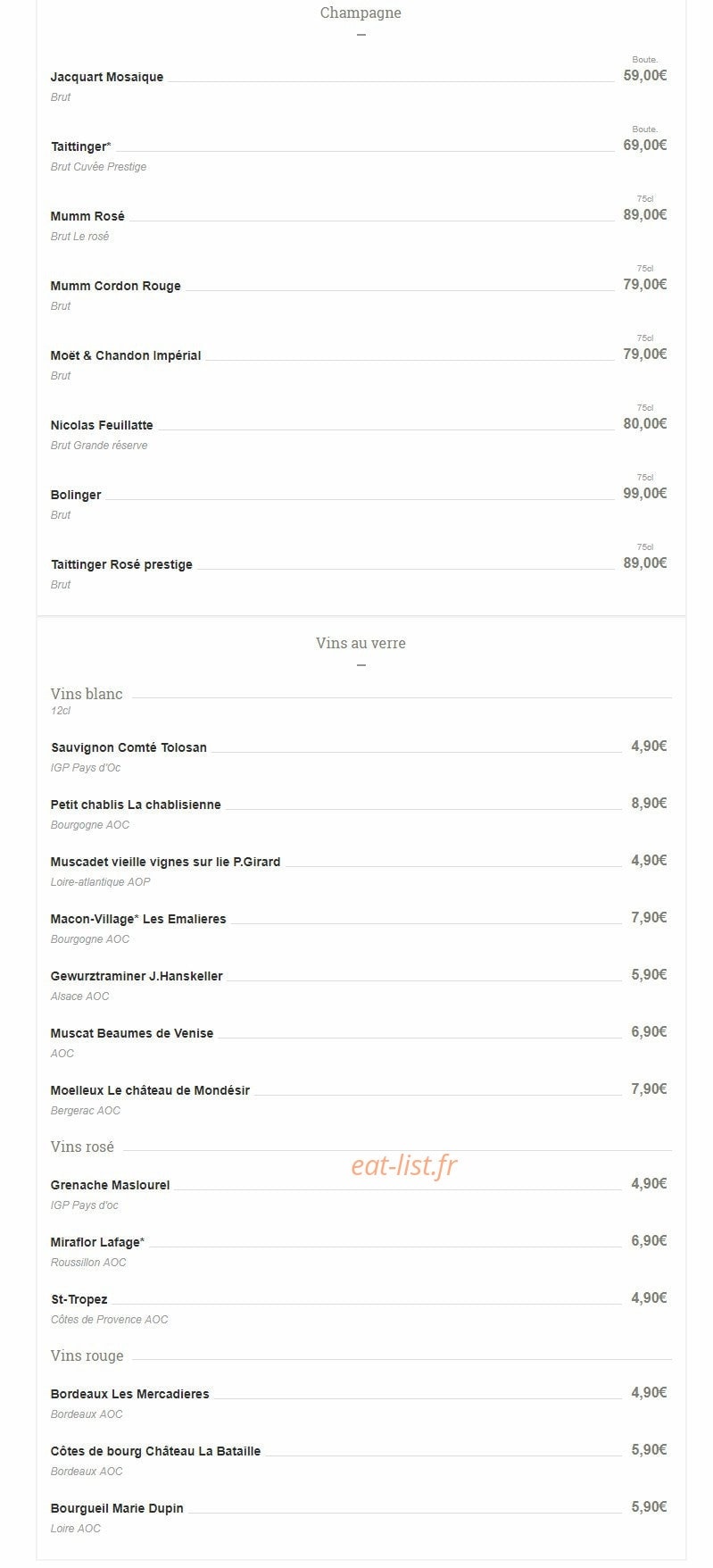 Carte et menu de Le Carré Saint Michel à Plouguerneau — Vins suite et fin