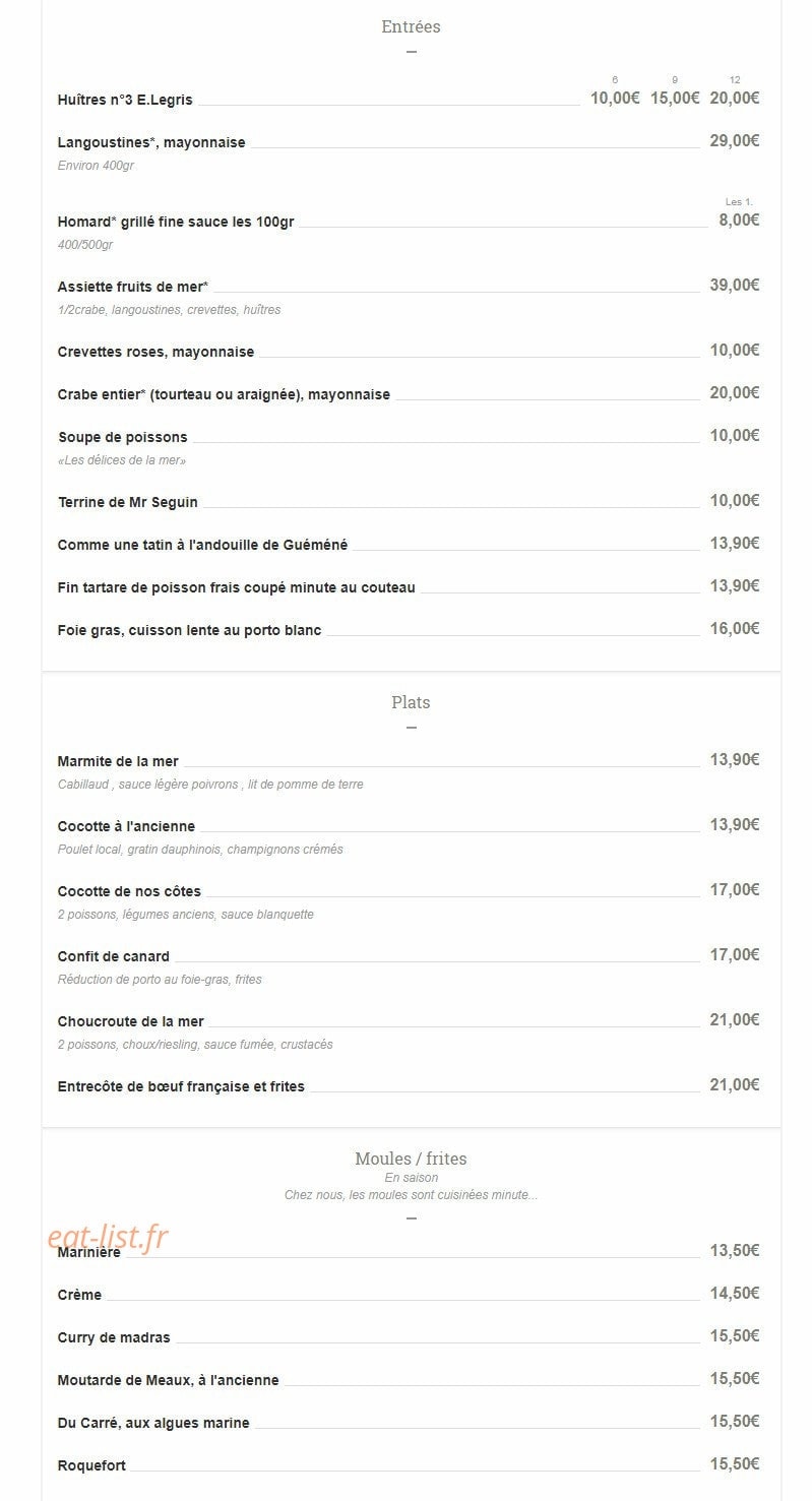 Carte et menu de Le Carré Saint Michel à Plouguerneau — Entrées, plats, moules et frites