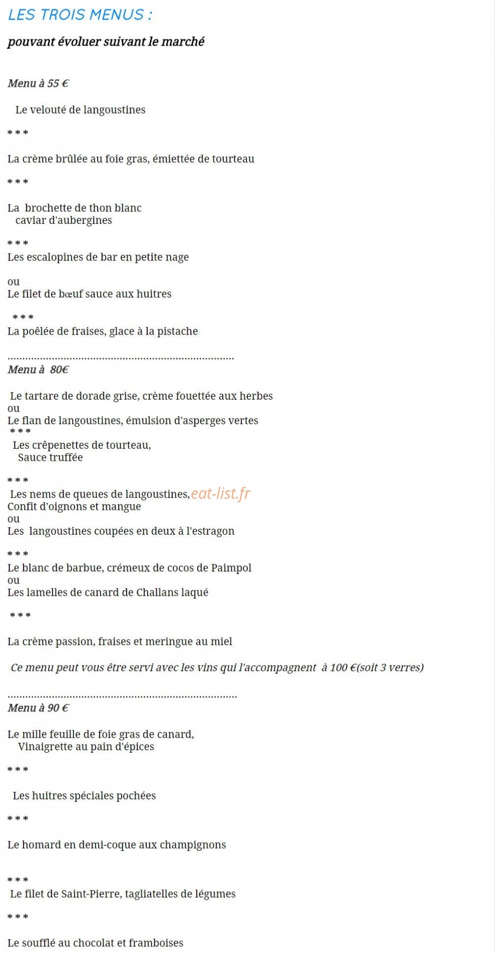 Carte et menu de La Taupinière à Pont Aven — Trois menus