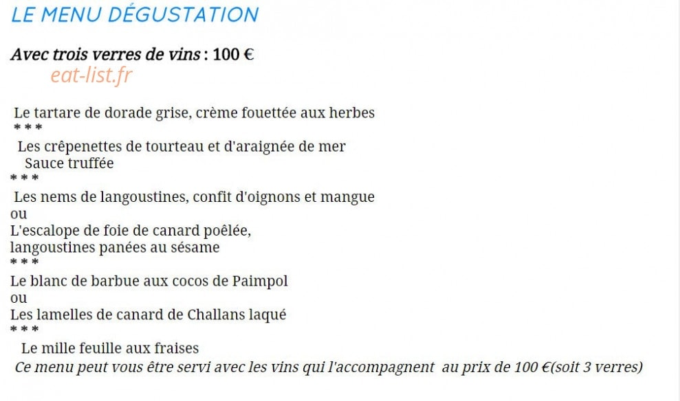 Carte et menu de La Taupinière à Pont Aven — Menu dégustation