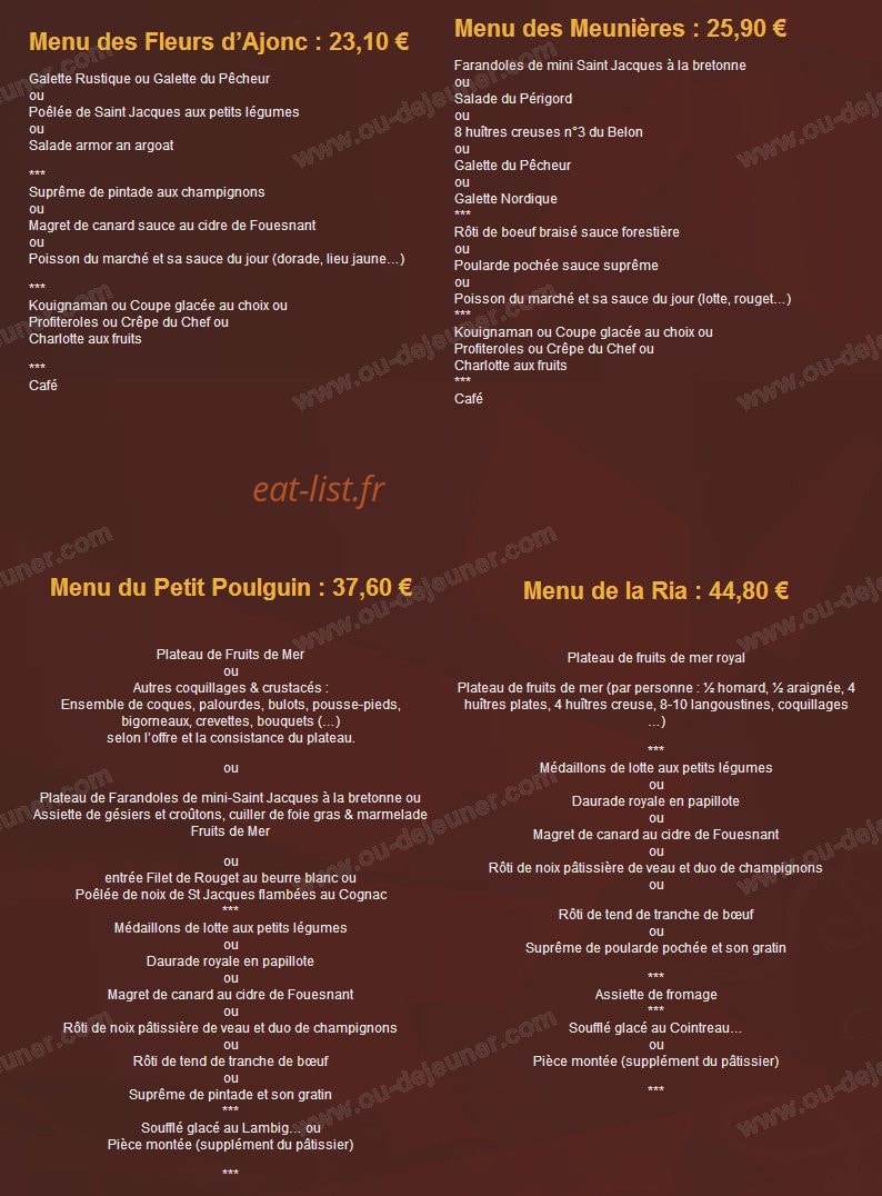 Carte et menu de Le Moulin du Grand Poulguin à Pont Aven — Les menus sans boisson suite