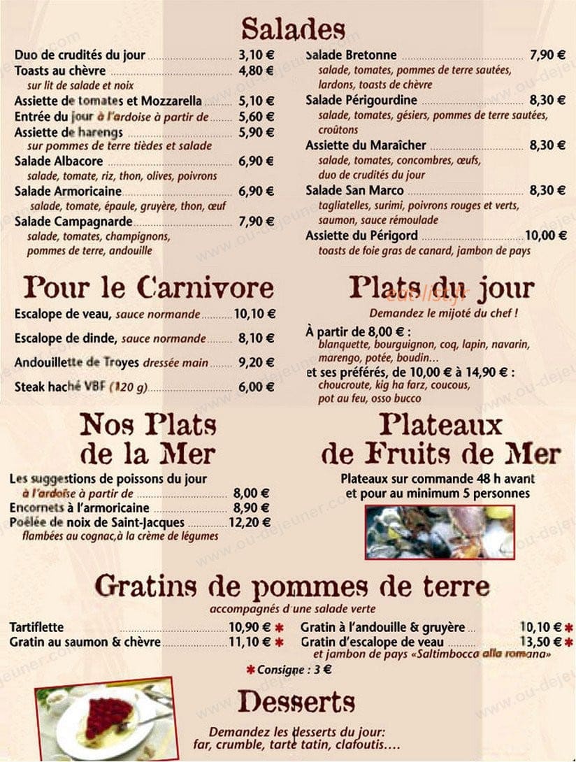 Carte et menu de Le Moulin du Grand Poulguin à Pont Aven — Les salades, les viandes, les plats, les plateaux...