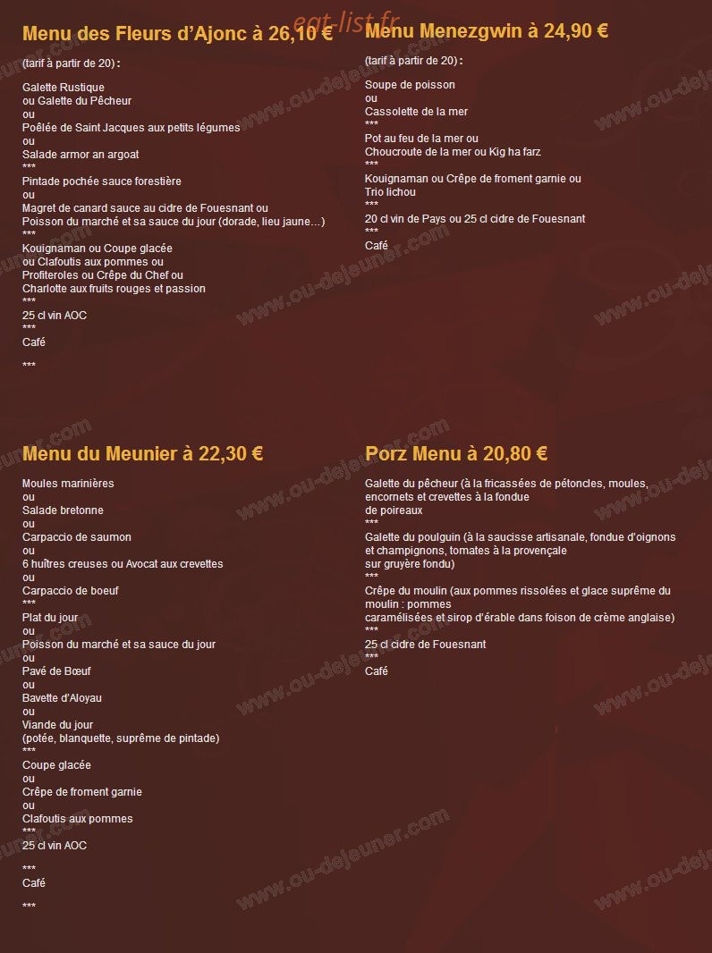 Carte et menu de Le Moulin du Grand Poulguin à Pont Aven — Les menus de groupe suite