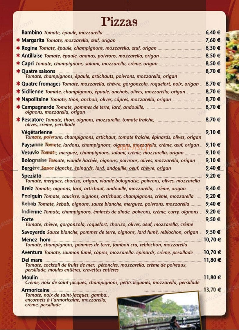 Carte et menu de Le Moulin du Grand Poulguin à Pont Aven — Les pizzas