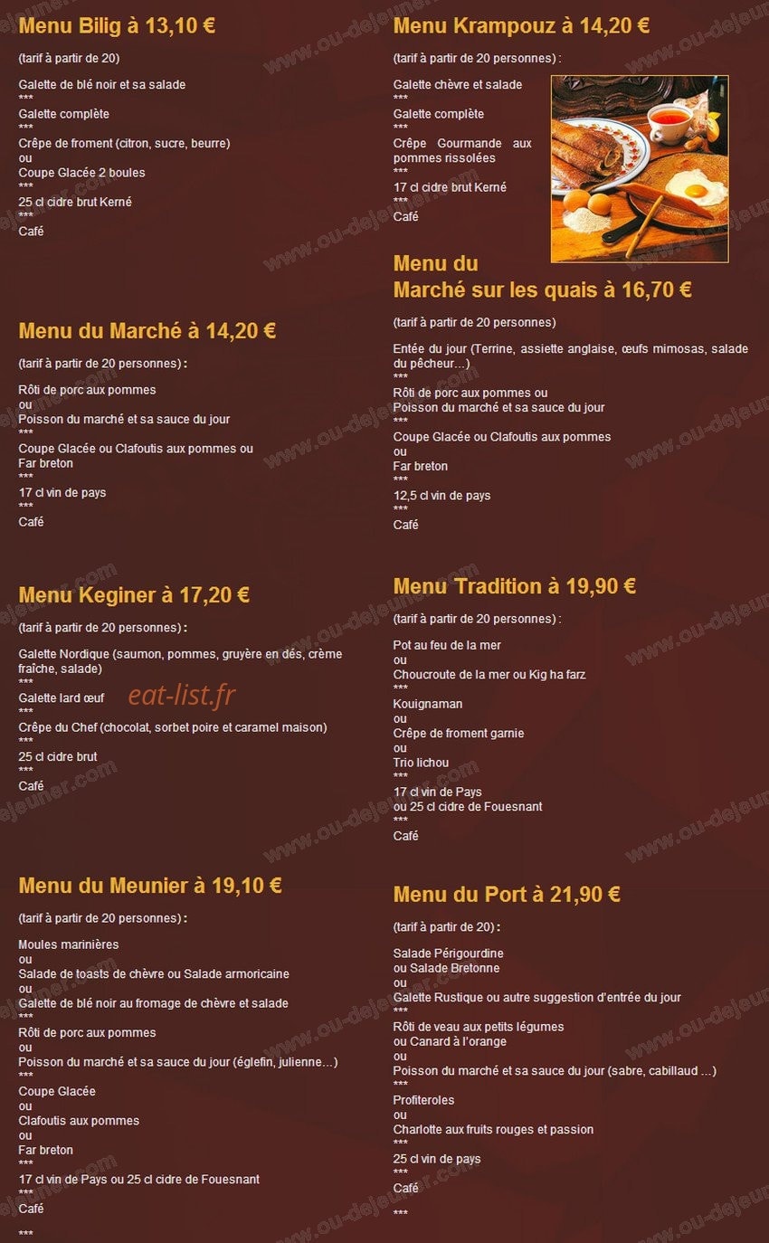 Carte et menu de Le Moulin du Grand Poulguin à Pont Aven — Les menus de groupe