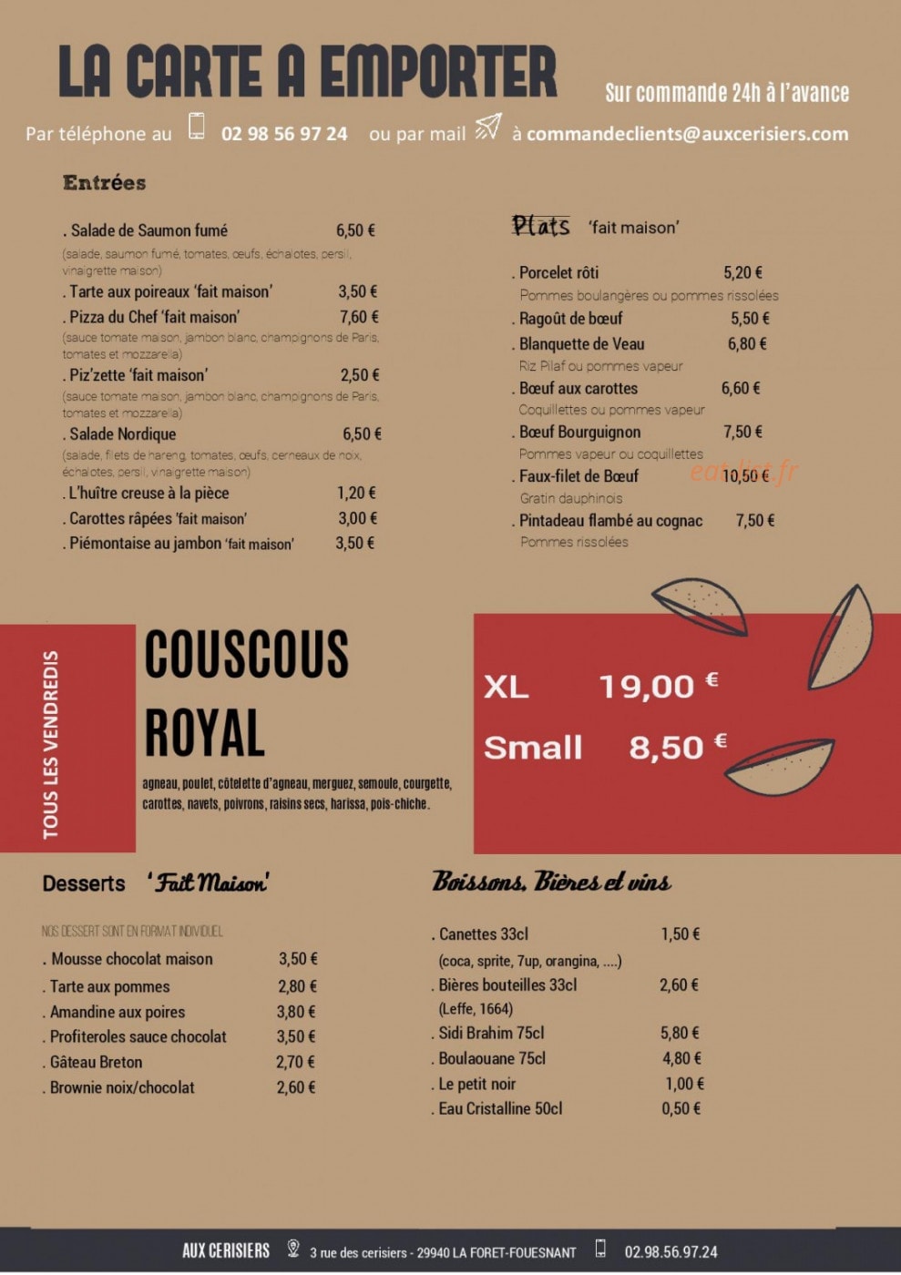 Carte et menu de aux cerisiers à La Foret Fouesnant — La carte des plats à emporter