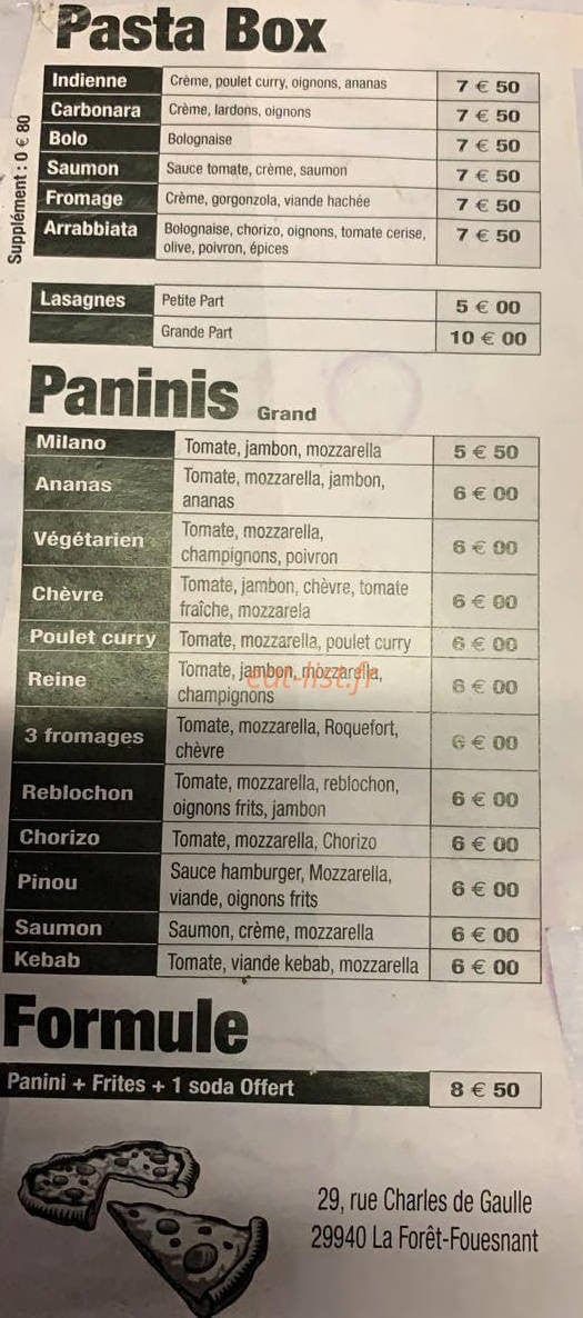 Carte et menu de La napolitaine à La Foret Fouesnant — Pasta, paninis et formules