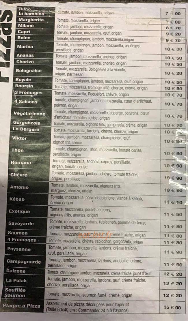 Carte et menu de La napolitaine à La Foret Fouesnant — Pizzas