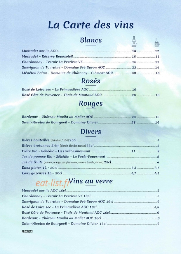 Carte et menu de Le Café du Port à La Foret Fouesnant — La carte des vins