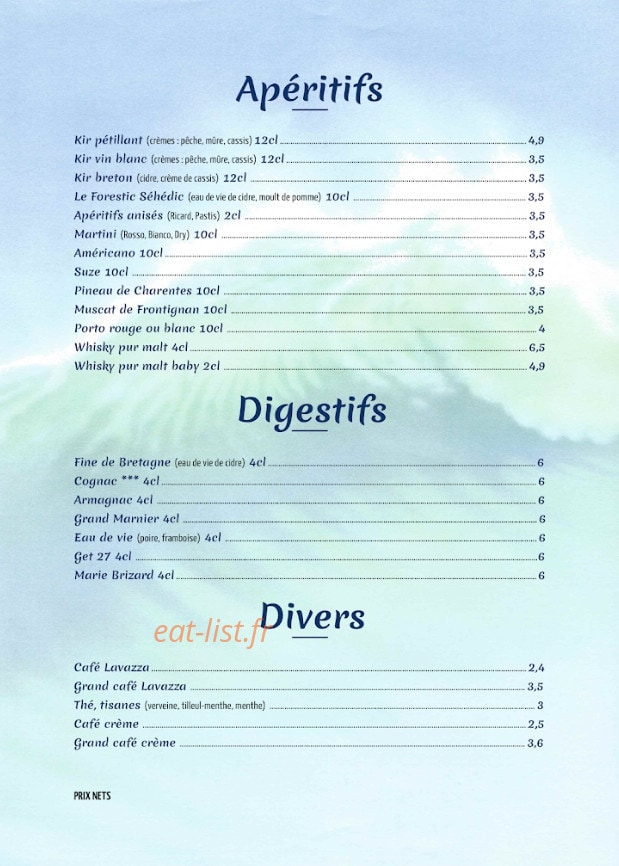 Carte et menu de Le Café du Port à La Foret Fouesnant — Les apéritifs, digestifs, ...