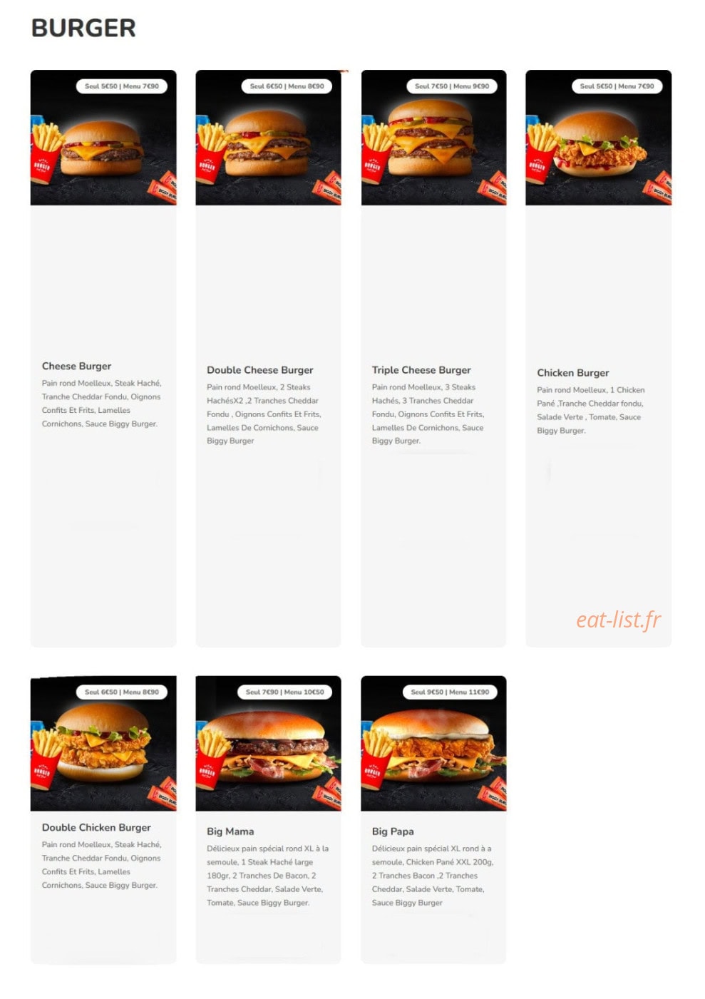 Biggy Burger — carte page 3