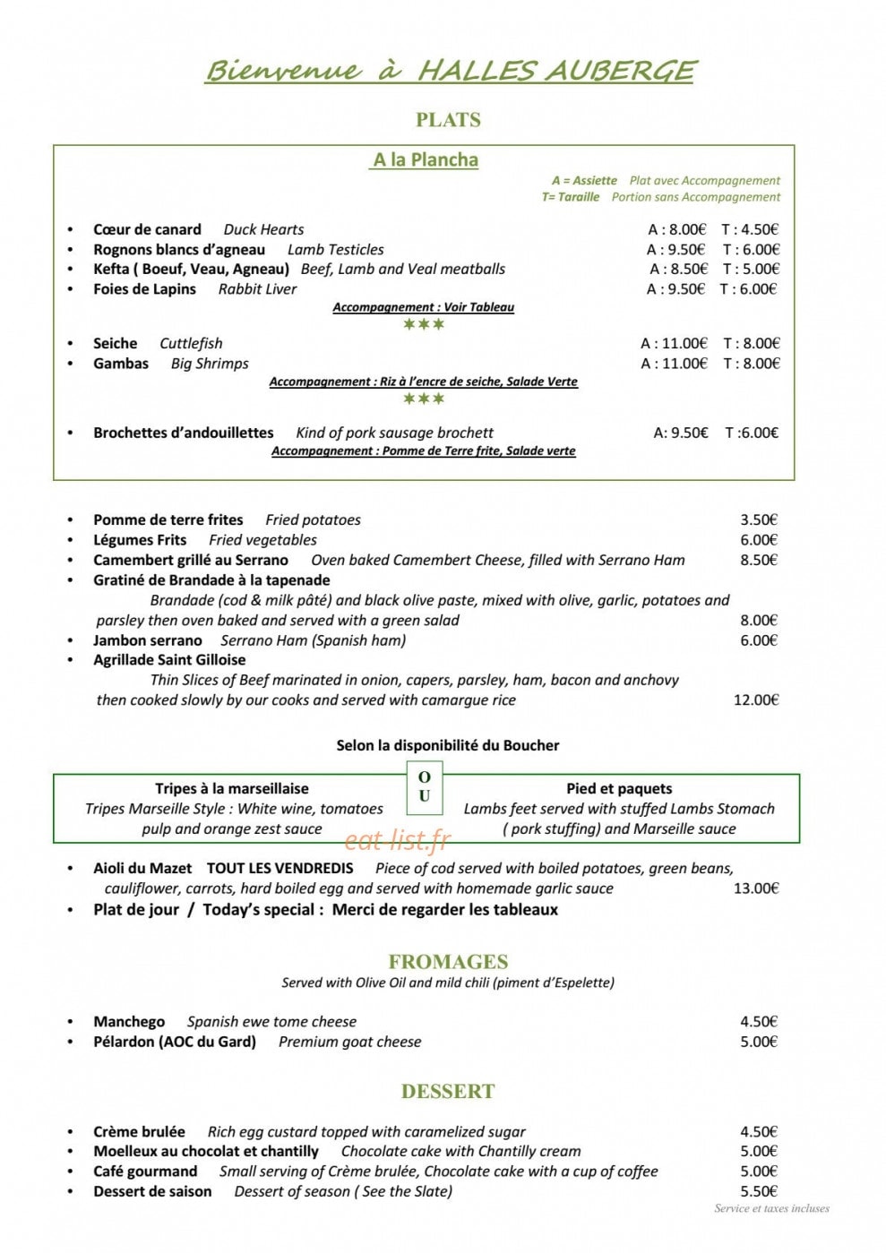 Halles Auberge — carte page 1