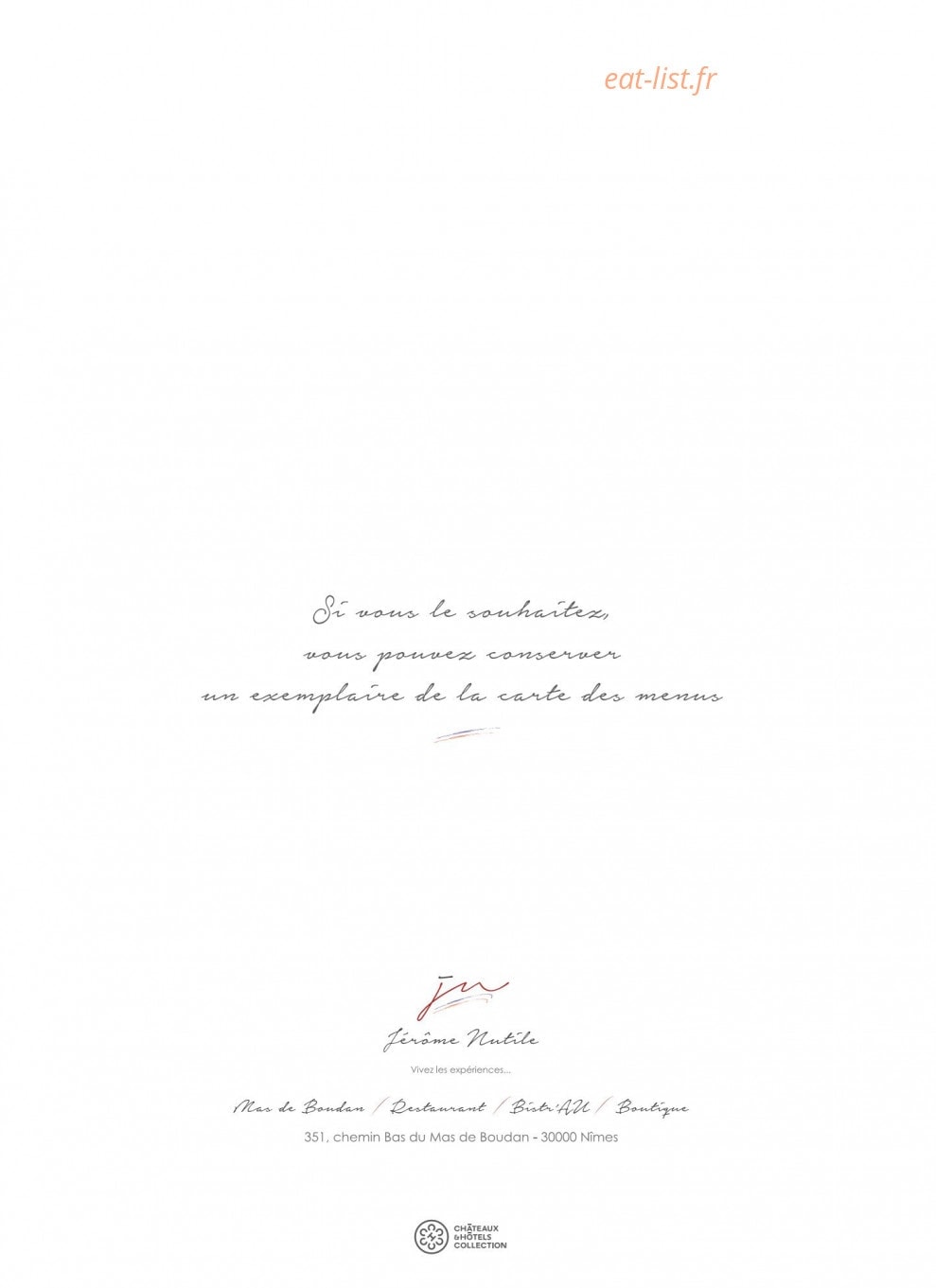 Restaurant Jérôme Nutile — carte page 1