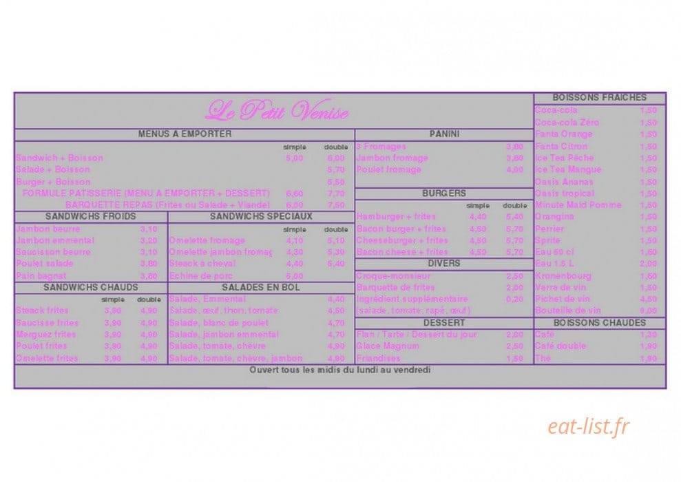 Snack Le Petit Venise — carte page 1
