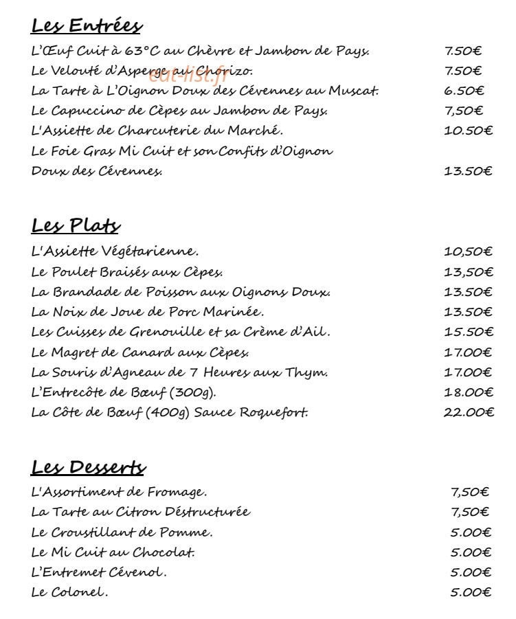 Carte et menu de Auberge du fraissinet à Branoux les Taillades — Les entrées, plats et desserts