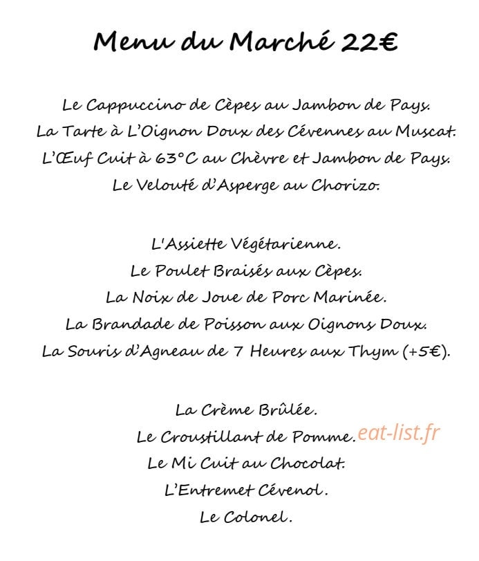 Carte et menu de Auberge du fraissinet à Branoux les Taillades — Menu du marché 22€