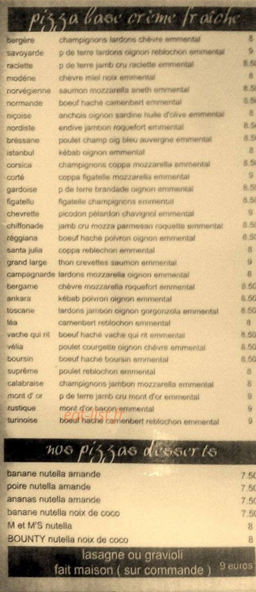 Carte et menu de La pizza du village à Saint Laurent des Arbres — Les pizzas base crème fraîche et les pizzas desserts