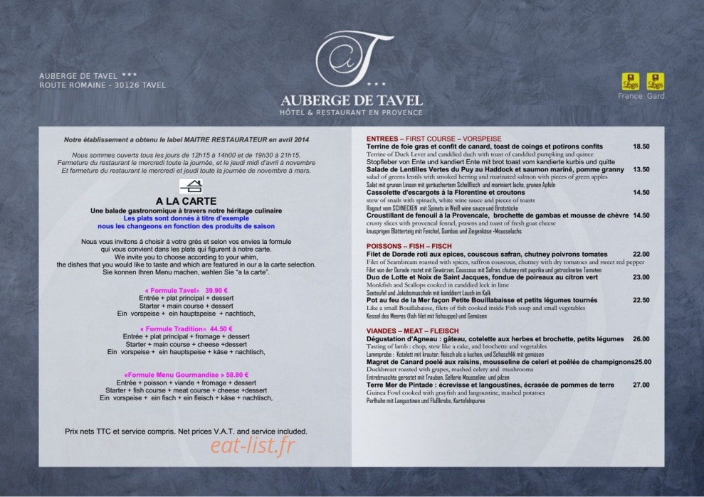 Auberge De Tavel — carte page 2