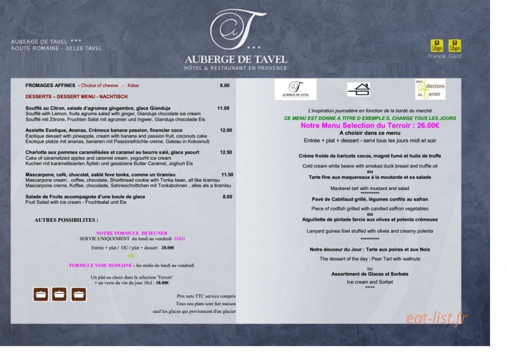 Auberge De Tavel — carte page 3