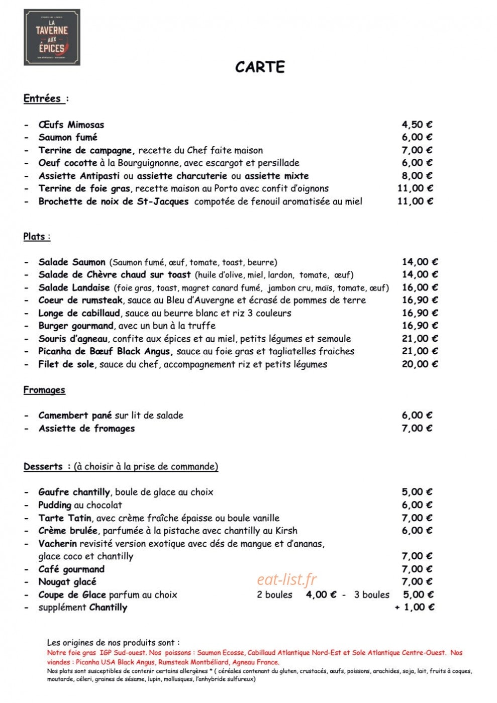 La Taverne aux épices — carte page 1