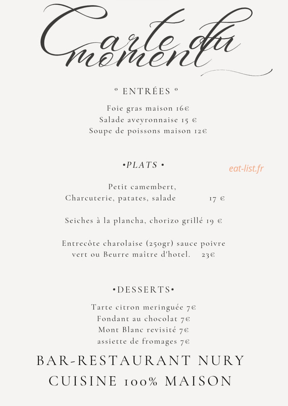 Bar-Restaurant Nury — carte page 1