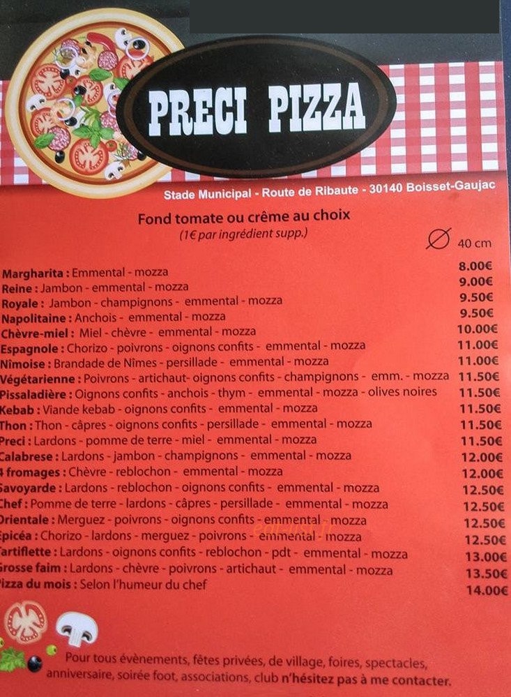 Préci Pizza — carte page 1
