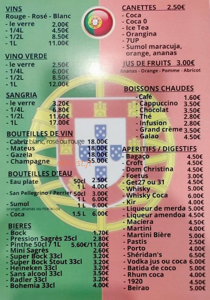 Carte et menu de Les jardins du Portugal à Saint Hippolyte du Fort — Les boissons
