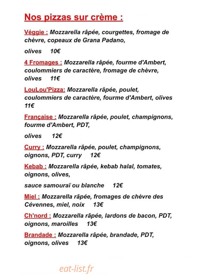 Loulou' Pizza — carte page 1