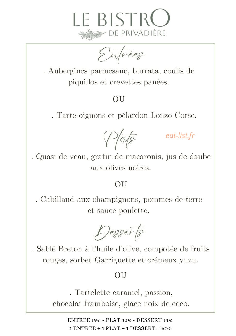 Bistro de Privadière — carte page 1