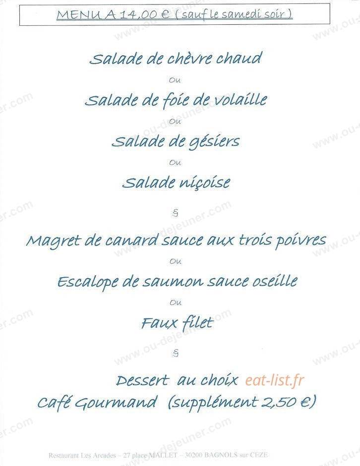 Restaurant Les Arcades — carte page 1