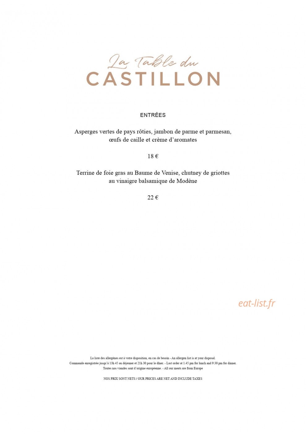 La Table du Castillon — carte page 1