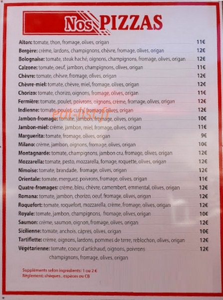 Carte et menu de Pizzeria du vieux lavoir à Sernhac — Les pizzas