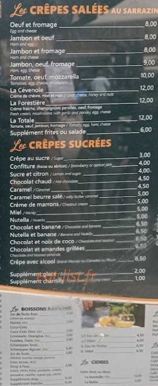 Carte et menu de Brasserie La Détente à Aigues Mortes — Les crêpes salées et crêpes sucrées