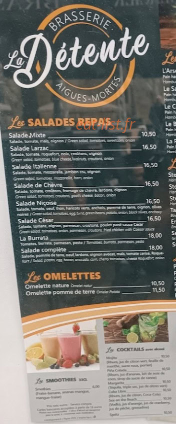 Carte et menu de Brasserie La Détente à Aigues Mortes — Les salades repas et omelettes