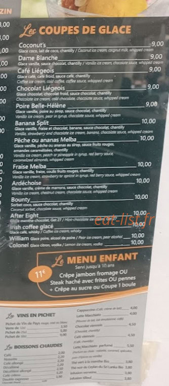 Carte et menu de Brasserie La Détente à Aigues Mortes — Les coupes de glace et menus enfants