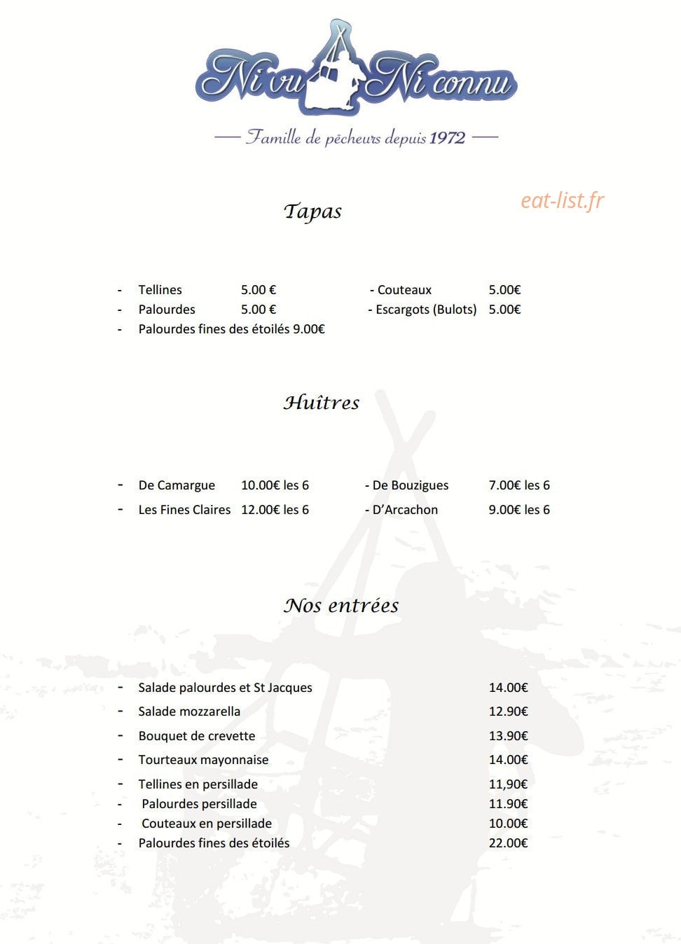 Carte et menu de Ni vu ni connu à Aigues Mortes — Les tapas, huîtres et entrées