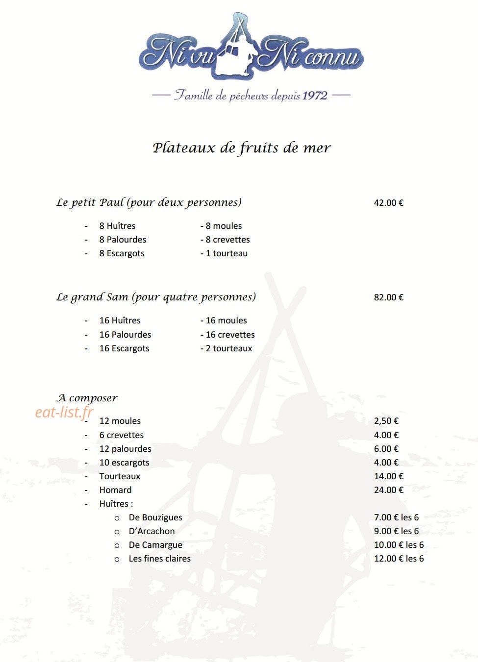 Carte et menu de Ni vu ni connu à Aigues Mortes — Les plateaux de fruit de mer