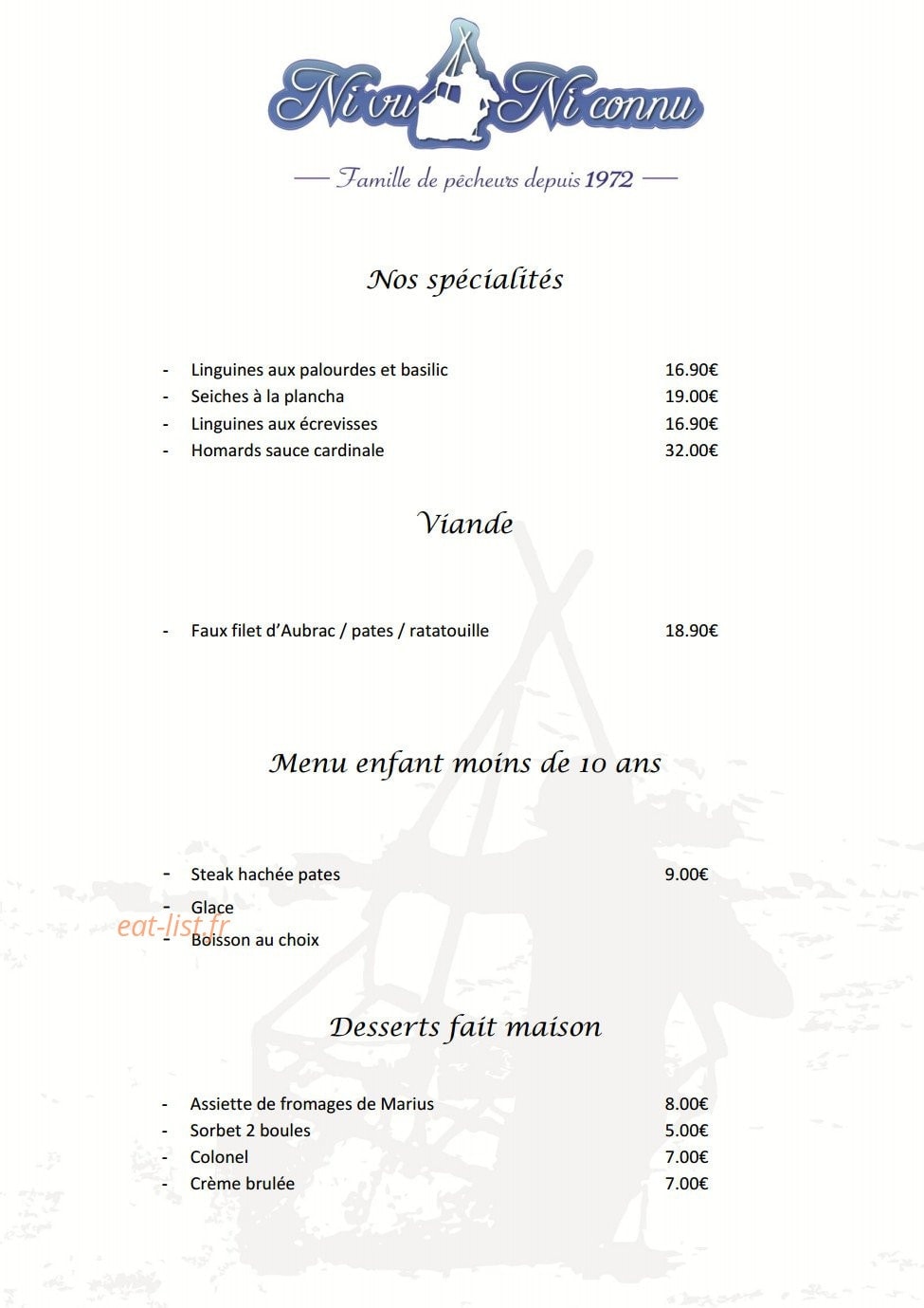 Carte et menu de Ni vu ni connu à Aigues Mortes — Les spécialité, viandes, menu enfant...