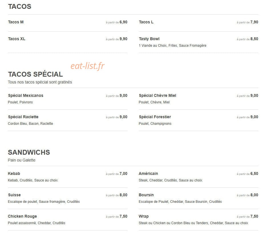 Tacos tasty's — carte page 1