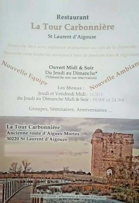 Carte et menu de La Tour carbonniere à Saint Laurent d'Aigouze — Les menus