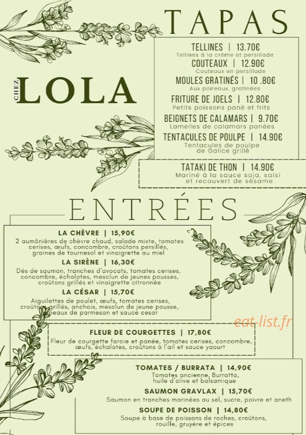 Chez Lola — carte page 1
