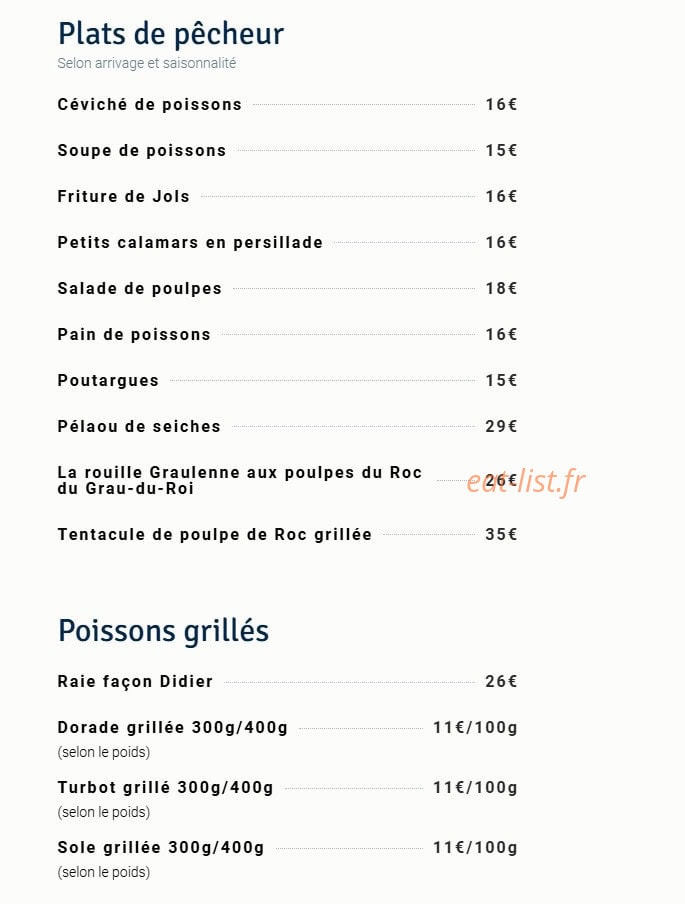 Carte et menu de Chez Papé Frezal à Le Grau du Roi — Les plats de pécheur et poissons grillés