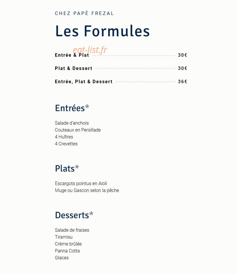 Carte et menu de Chez Papé Frezal à Le Grau du Roi — Les formules