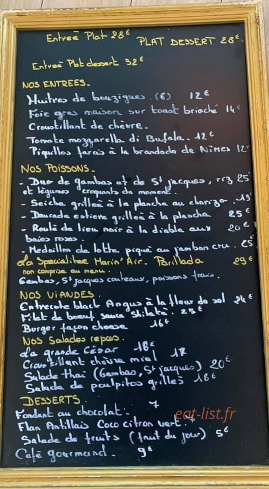 Carte et menu de Le Marin'Air à Le Grau du Roi — Exemple de menu