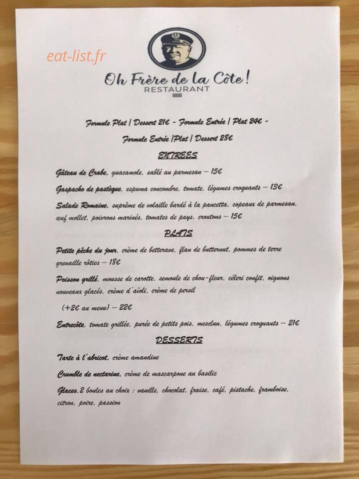 Carte et menu de Oh Frère de la Côte à Le Grau du Roi — Menus, entrées, plats et desserts